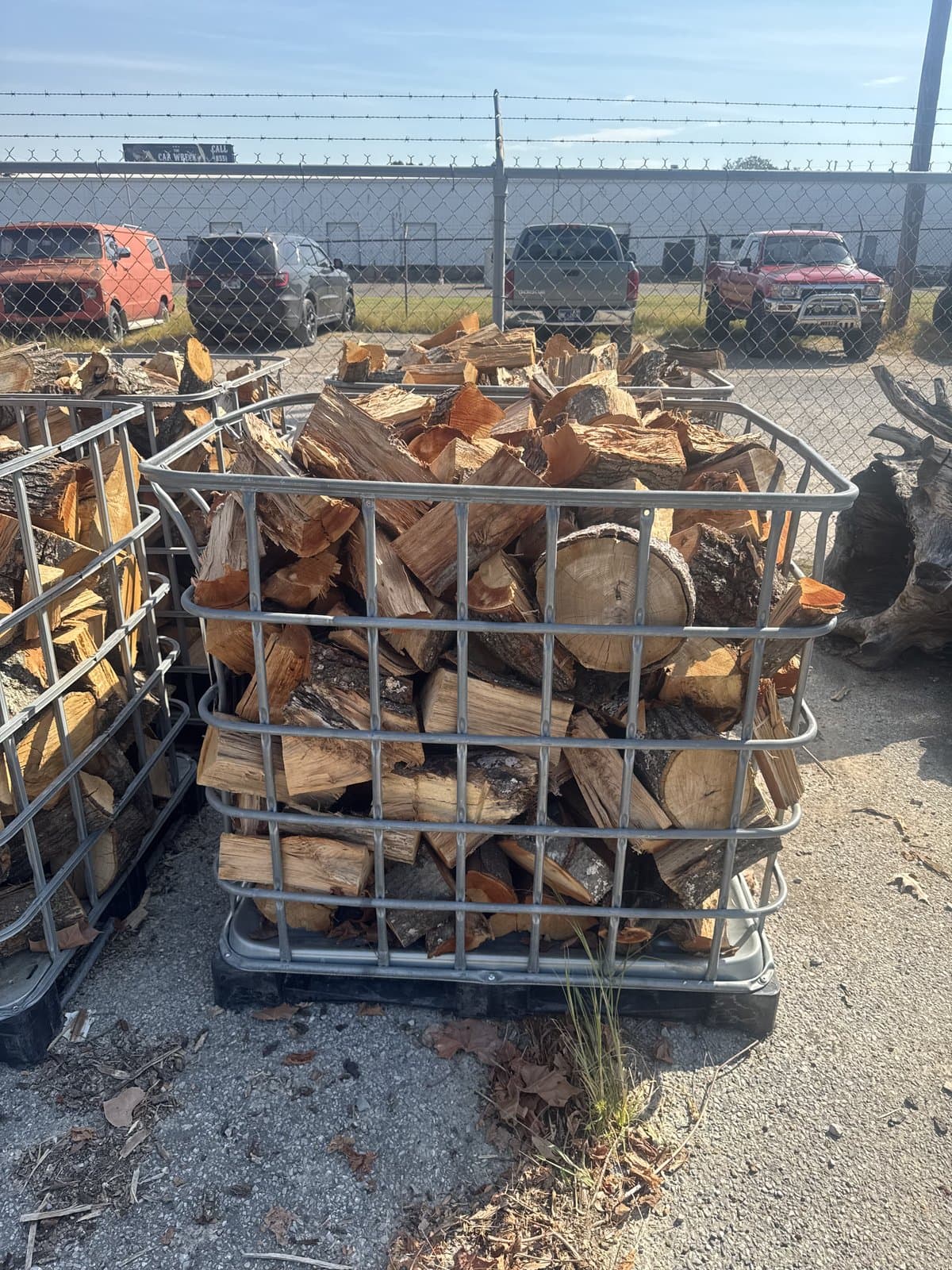 A crate of split firewood at the Robinson Tree shop, cut short for a wood burning stove.